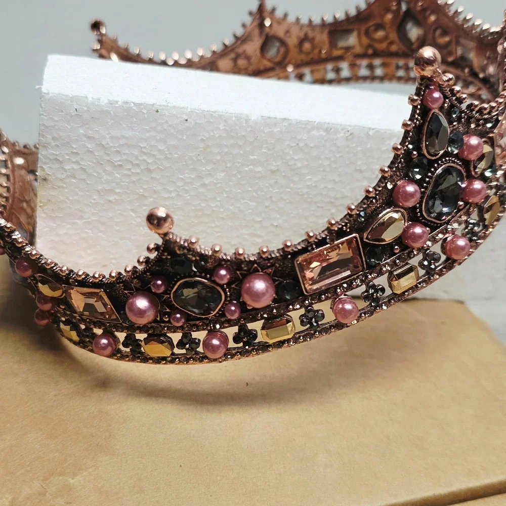 Rose Gold Pink Pearl Crystal Full Round Crown Tiara Royal Pageant  Headpiece
